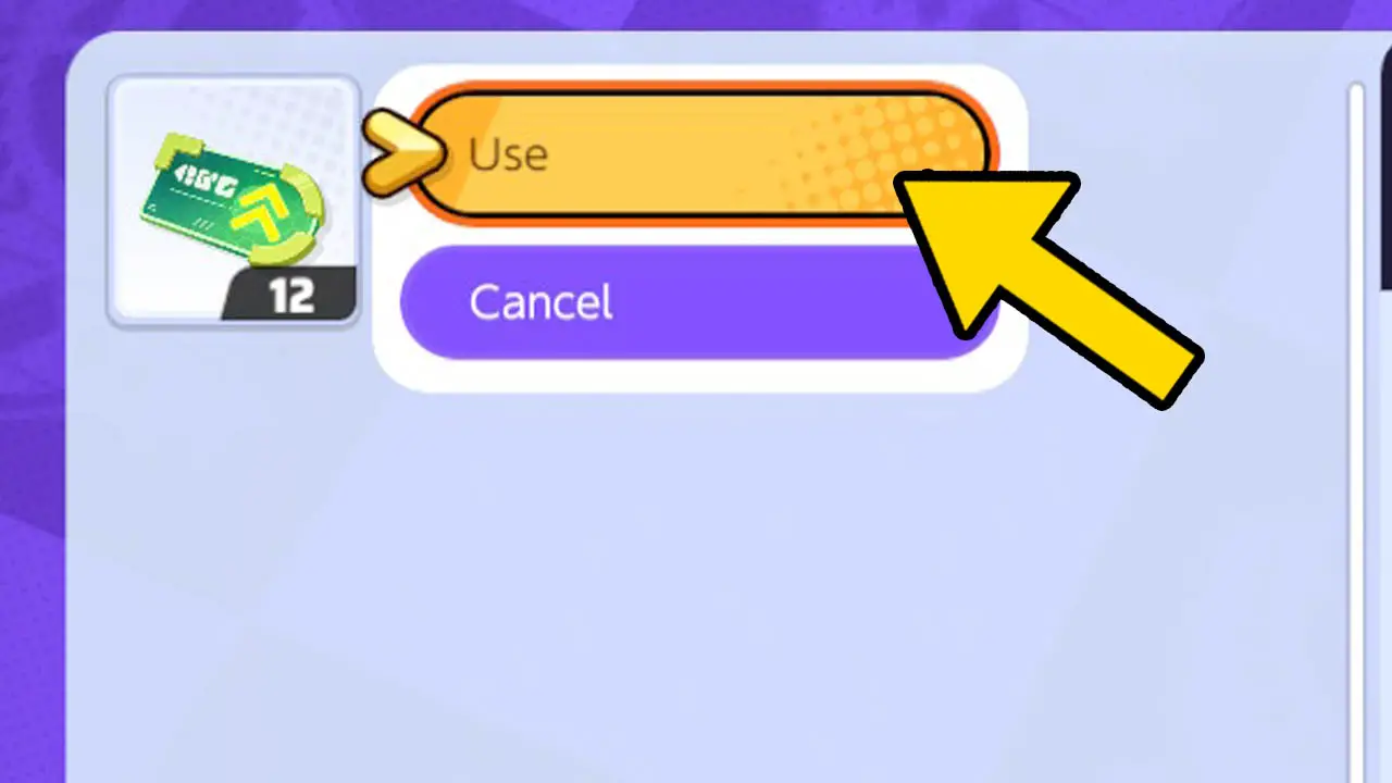 A item page with a yellow arrow pointing at the word Use (pokemon unite screenshot)