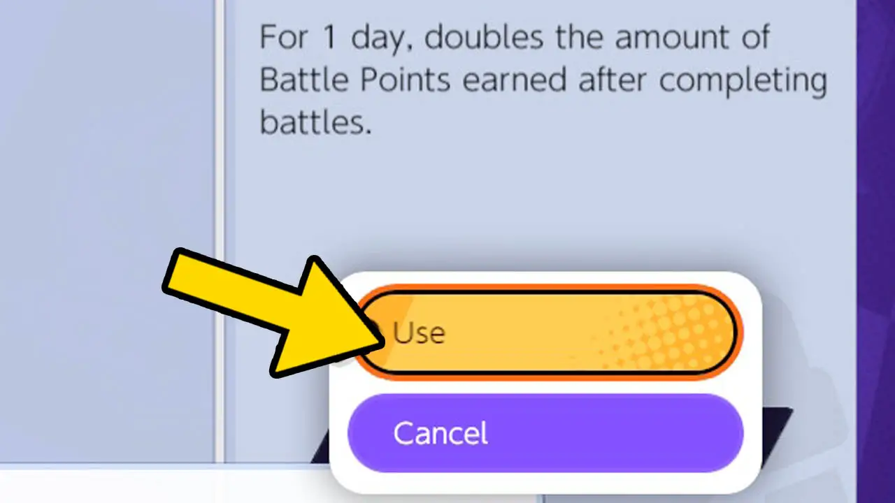 A item page with a yellow arrow pointing at the word Use (pokemon unite screenshot)