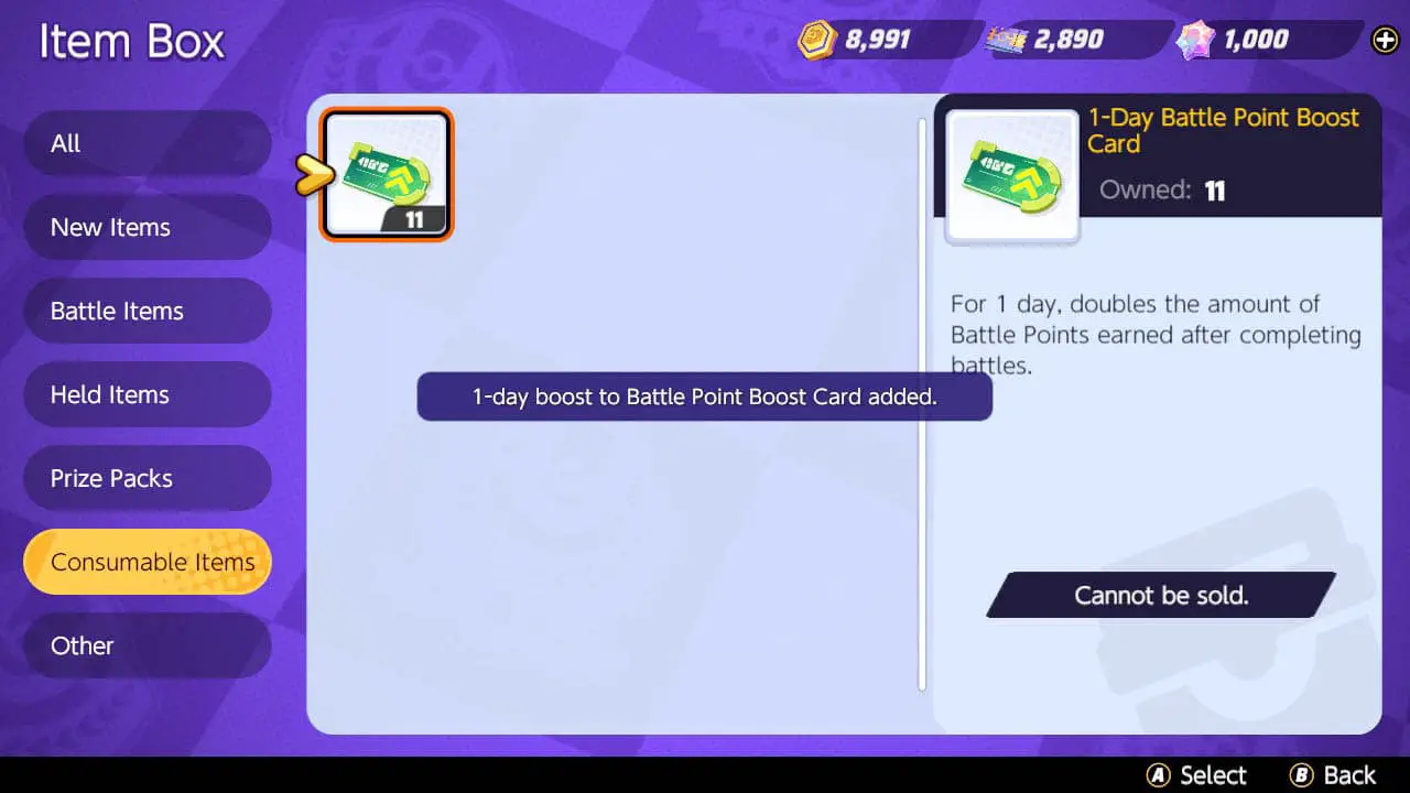 A item confirmation that the item has been used (pokemon unite screenshot)