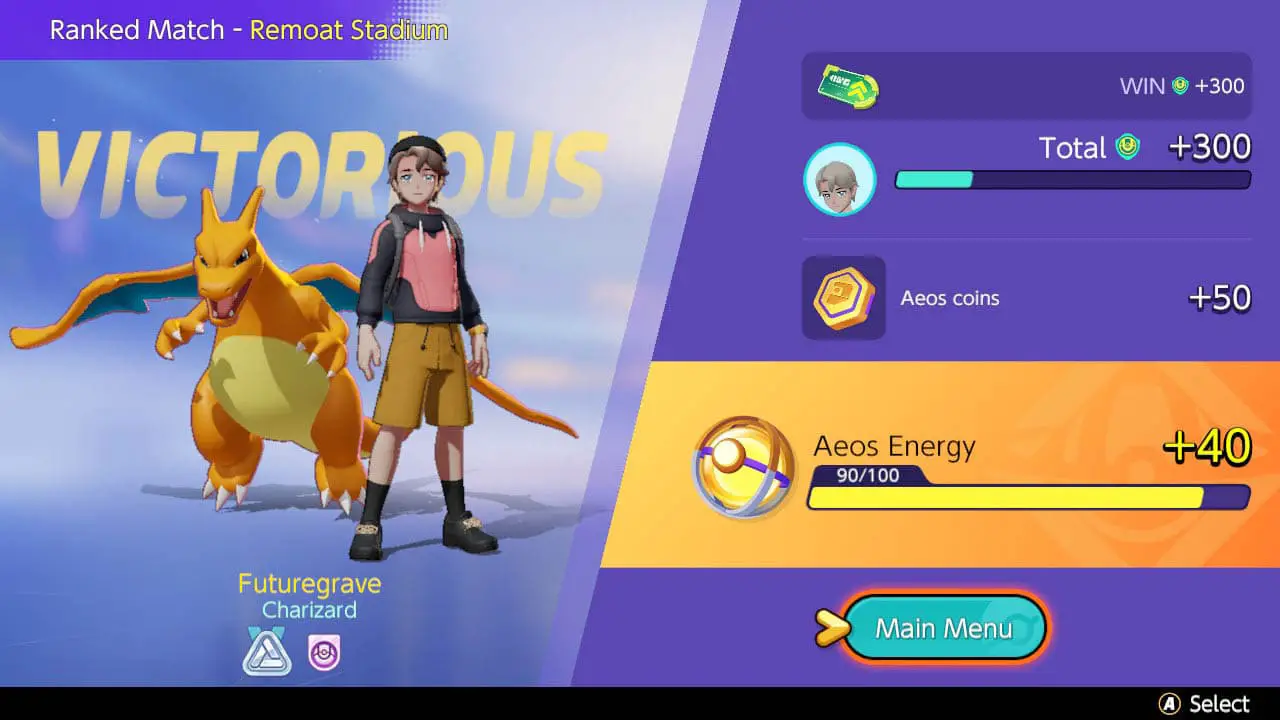 Pokemon trainer and Pokemon standing together on the battle results screen (pokemon unite screenshot)