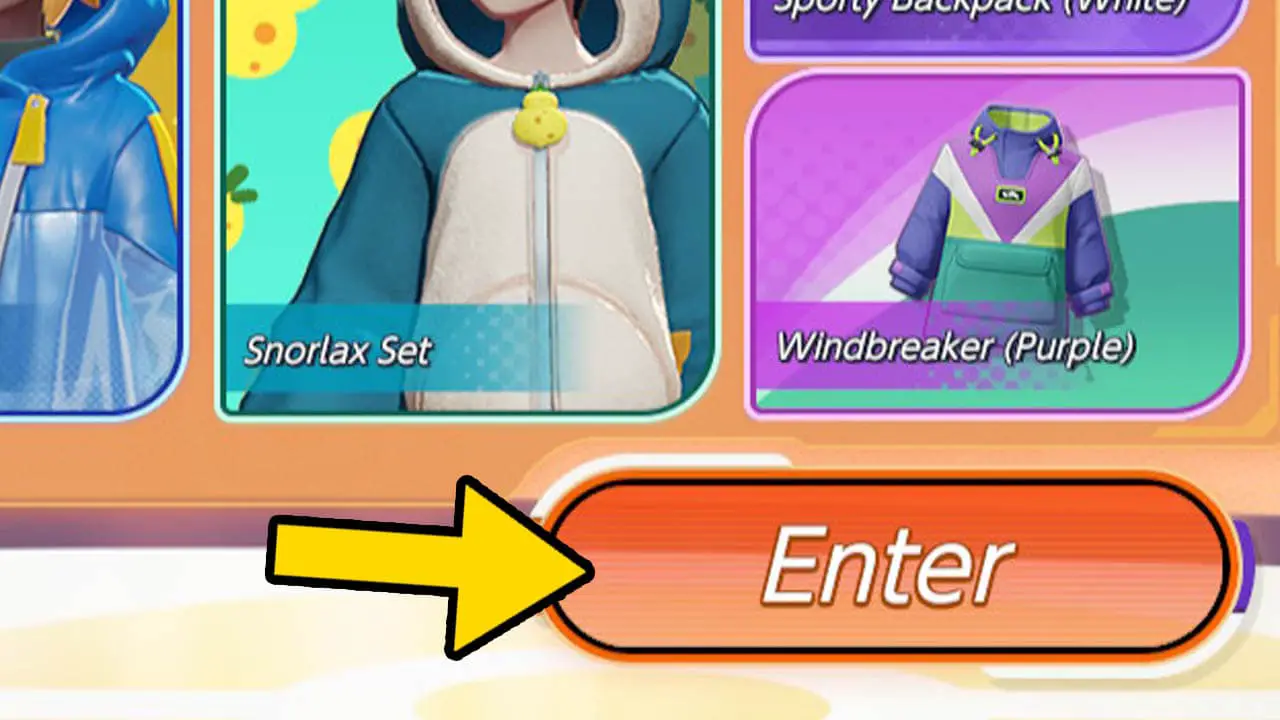 A shop menu with a yellow arrow pointing at the Enter button (pokemon unite screenshot)