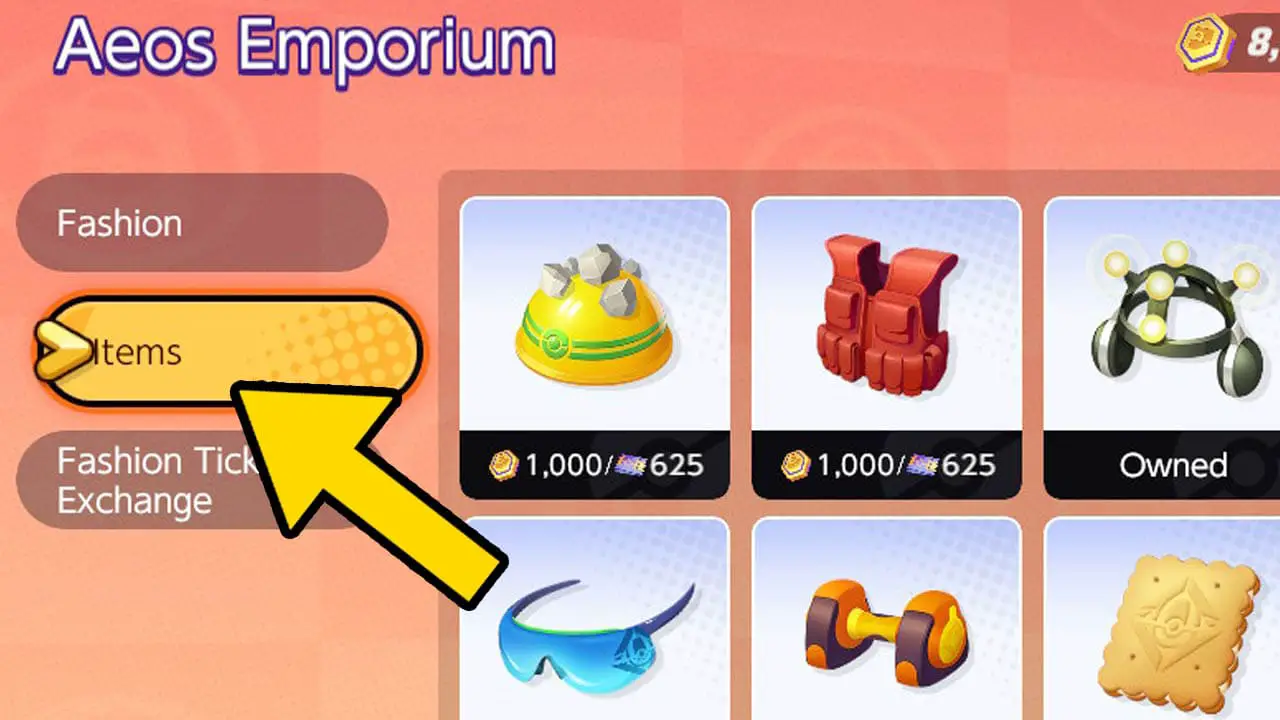 Held item screen of item icons with a yellow arrow pointing at the word item (pokemon unite screenshot)