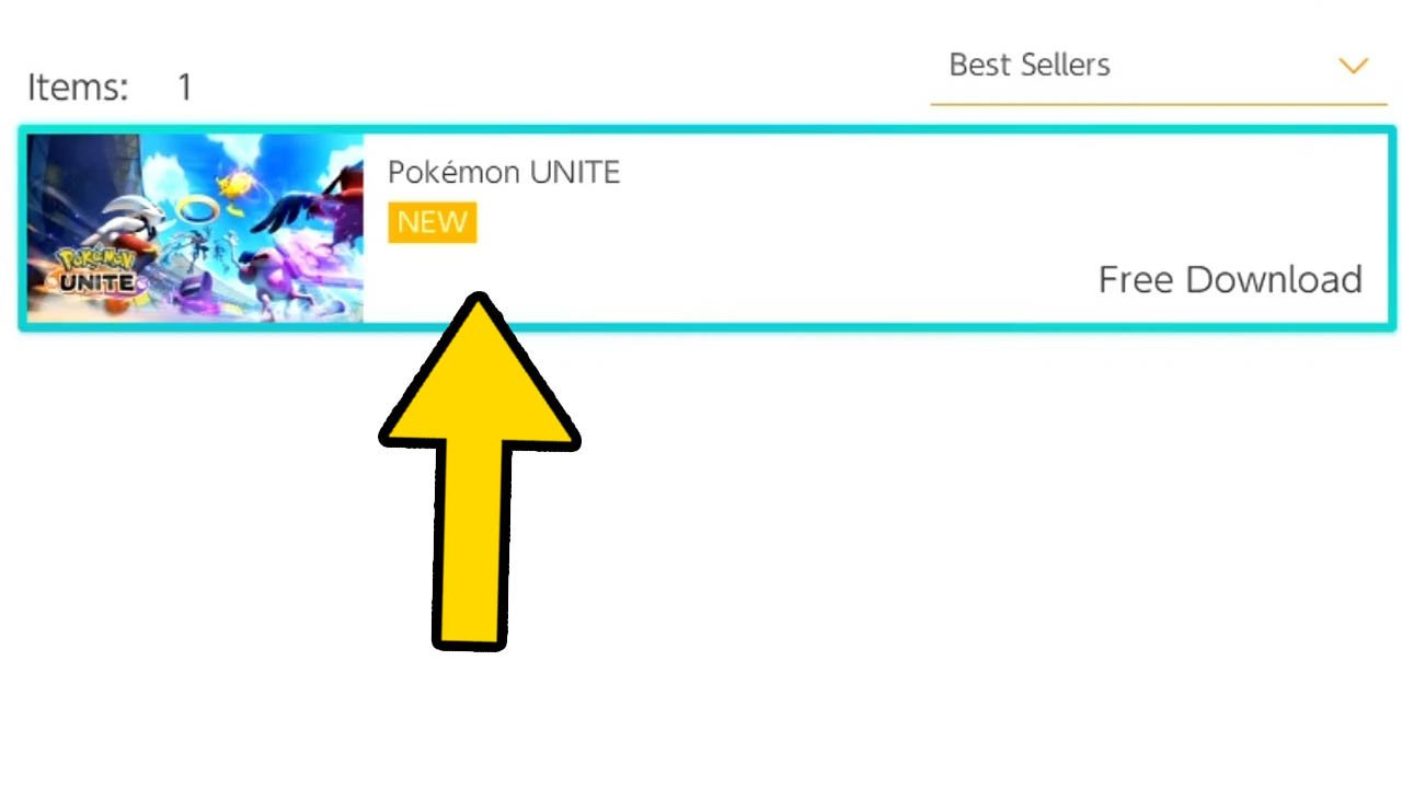 Pokemon Unite game icon on the Nintendo Switch eShop with a yellow arrow pointing at the game