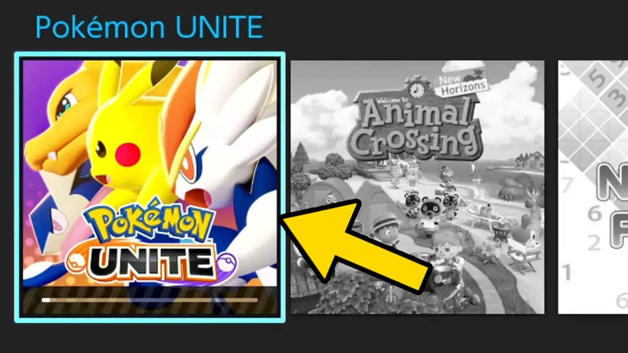Pokemon Unite Nintendo Switch icon with a yellow arrow pointing at it