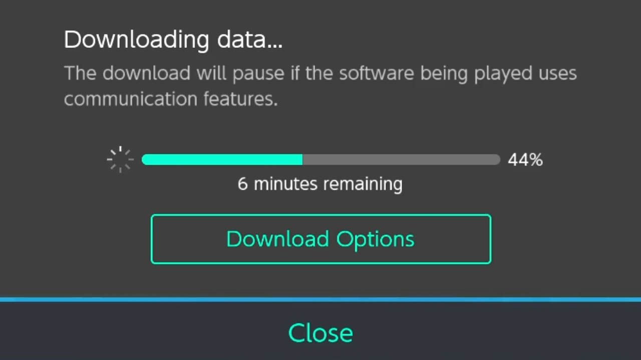 A gray screen with white font showing the download progress bar of a Nintendo Switch game