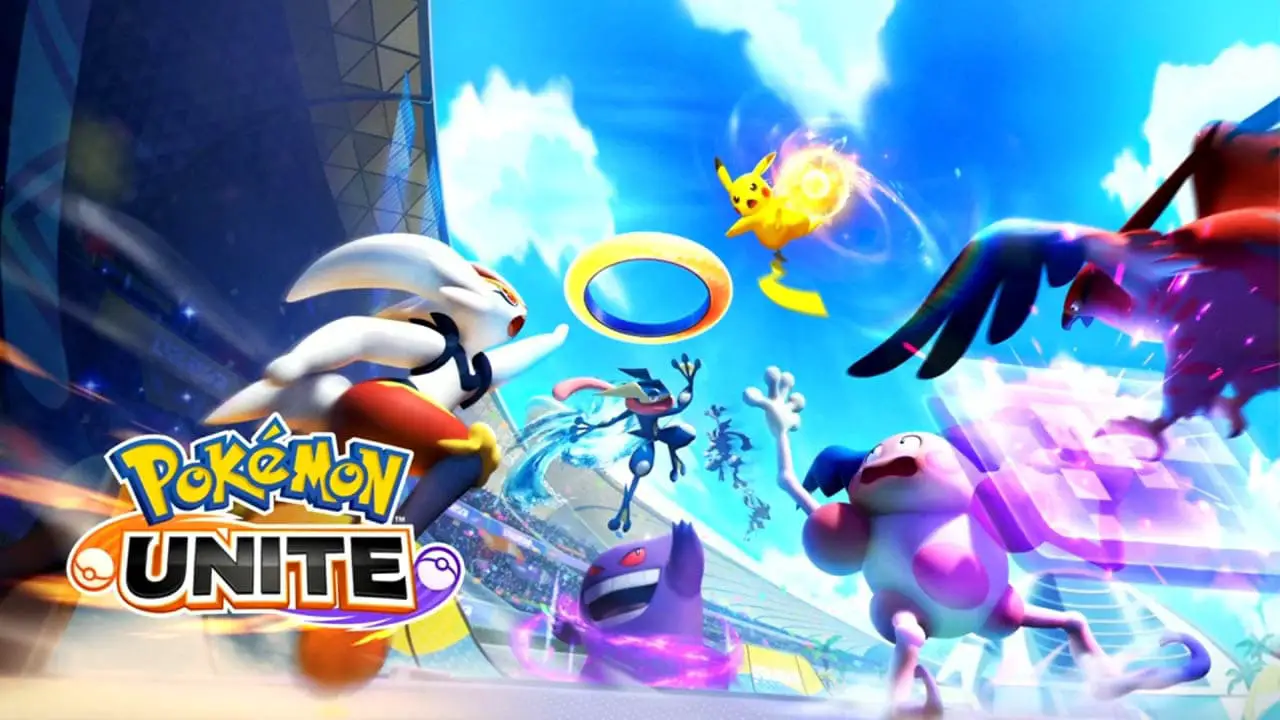 Pokemon Unite epic actipn image with Pokemon battling each other in a city during the day