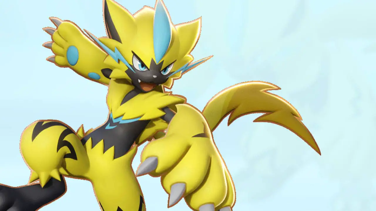 A yellow pokemon against a light blue background (How To Download Zeraora In Pokemon Unite for Nintendo Switch)