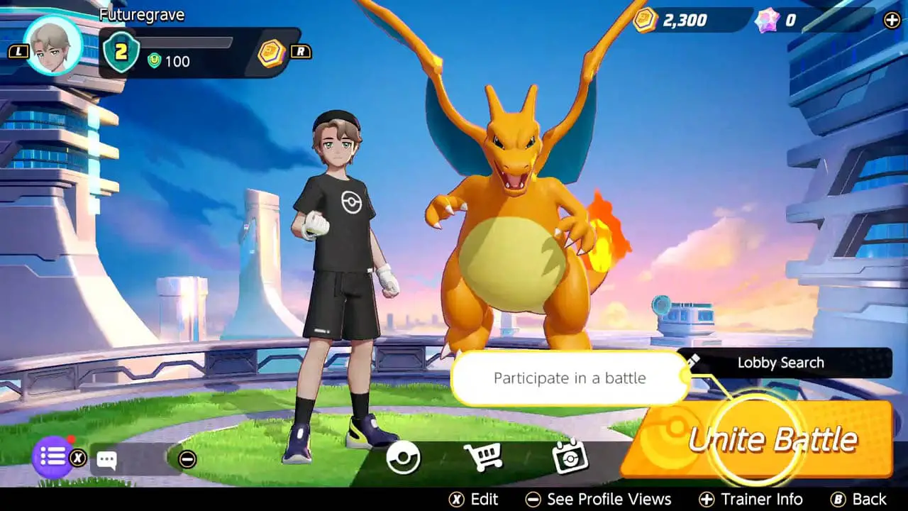 Pokemon Unite lobby screen of a trainer and Charizard (pokemon unite nintendo switch screenshot)