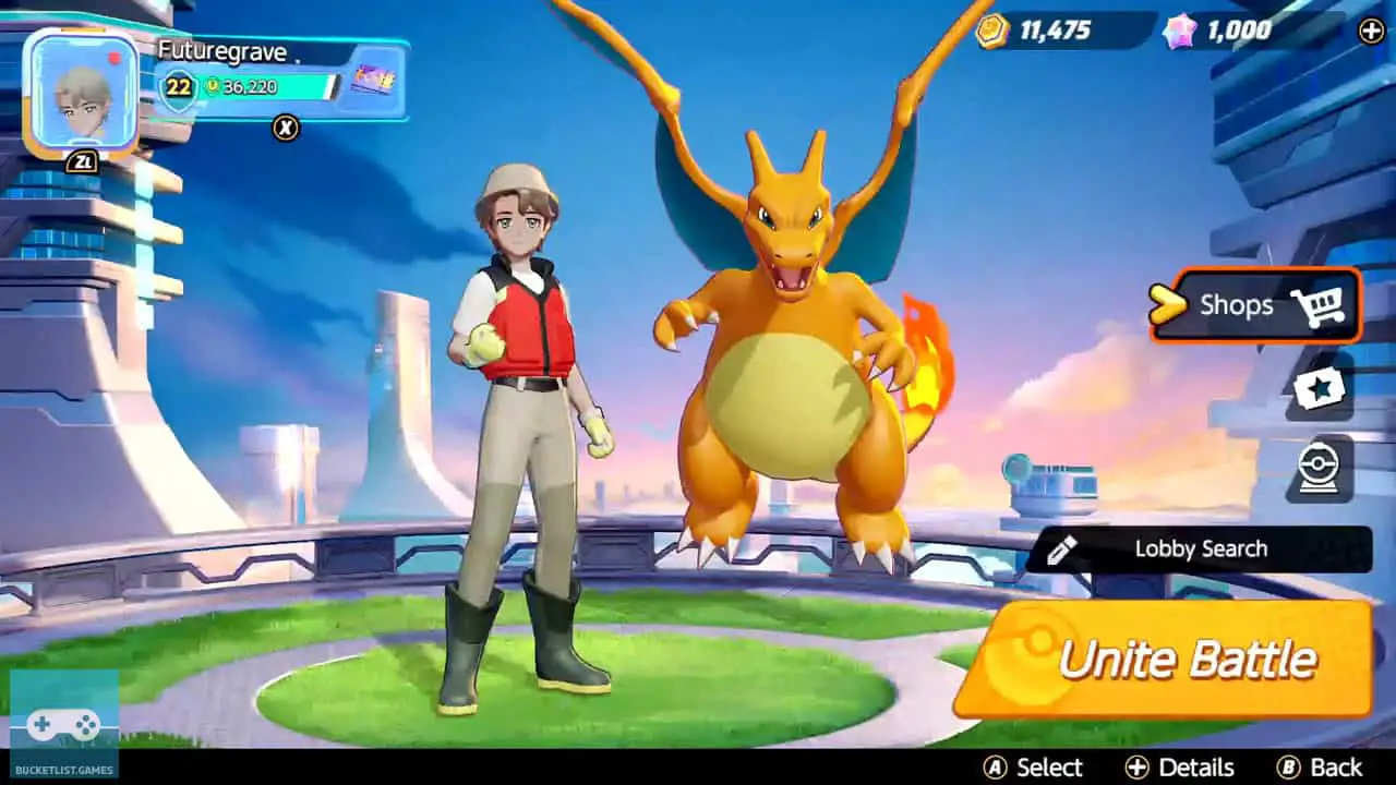 A trainer standing next to a large orange dragon monster (pokemon unite screenshot)