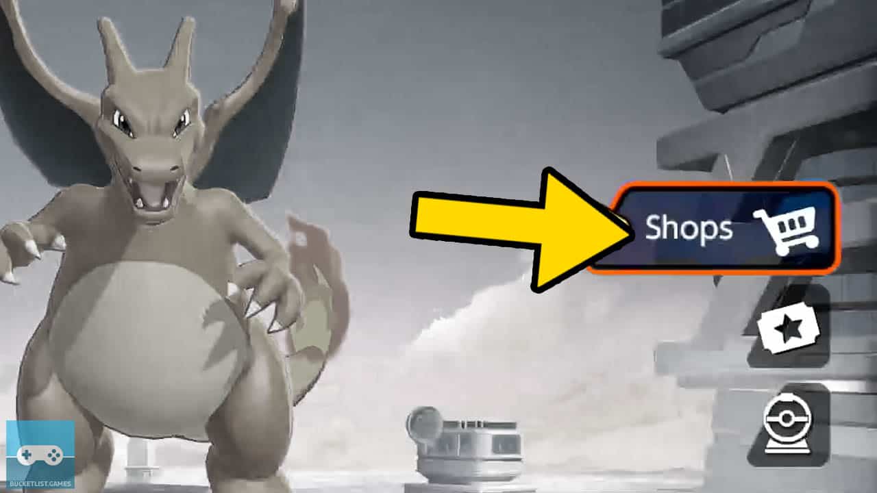 A yellow arrow pointing at the shop icon at the right of the pokemon unite main menu (pokemon unite screenshot)