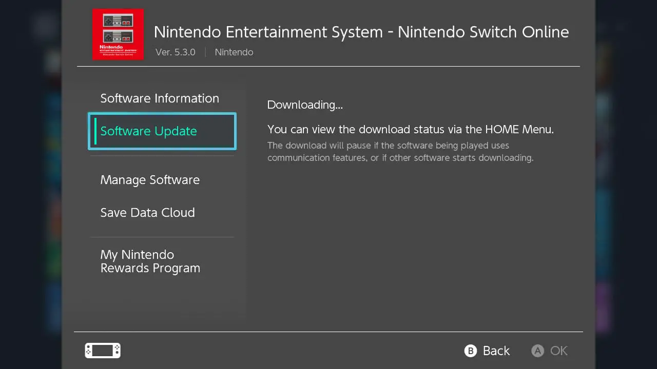 A nintendo switch app options menu