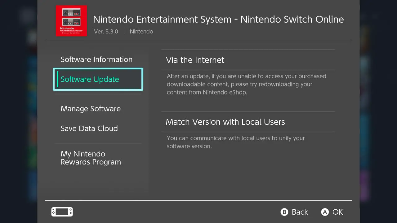A nintendo switch app options menu
