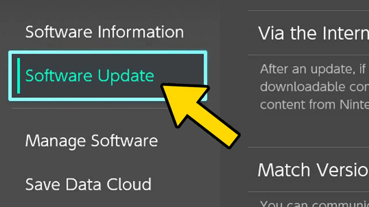 A nintendo switch app options menu wit ha yellow arrow pointing at the words Software Update