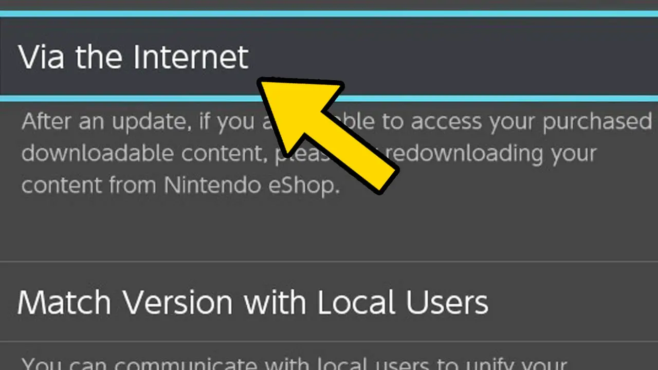 A nintendo switch app options menu wit ha yellow arrow pointing at the words via the internet