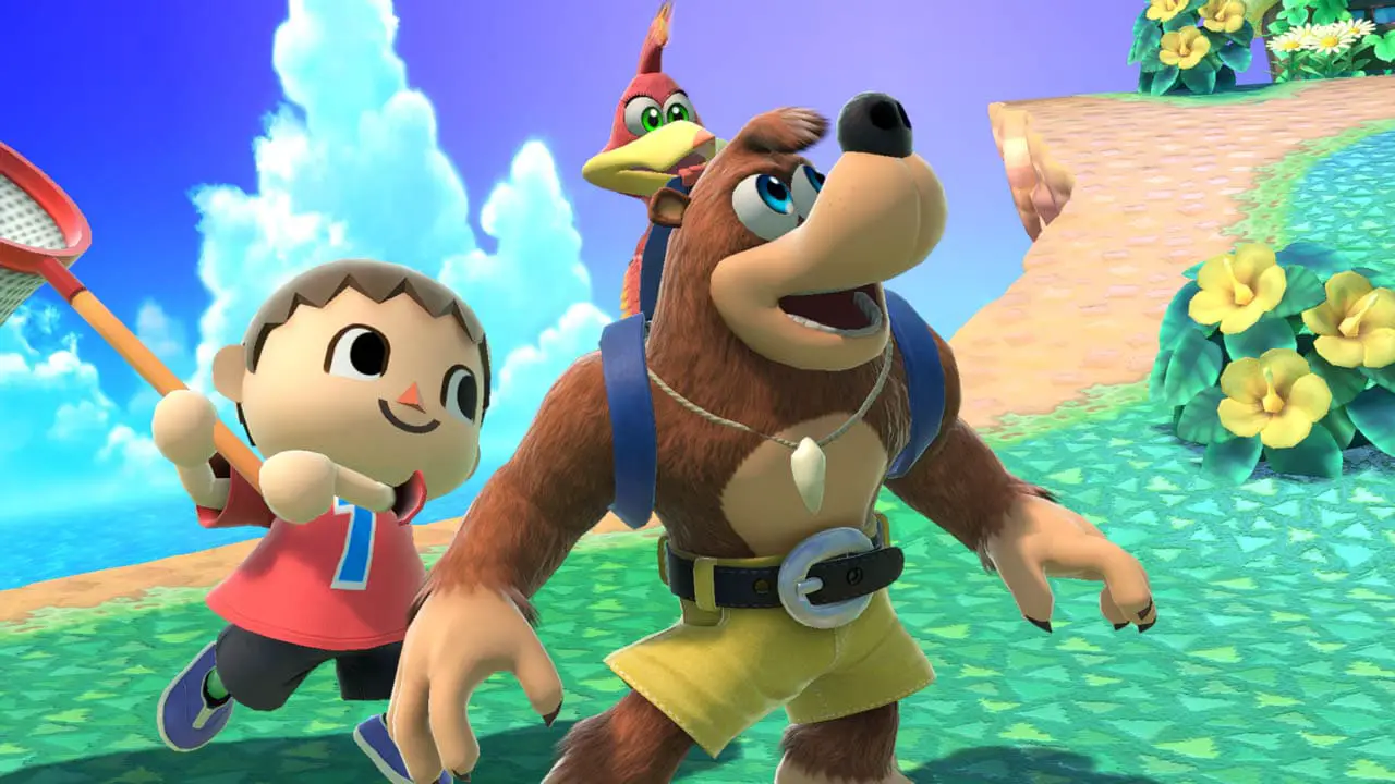 A boy with a net behind a bear (smash bros ultimate screenshot)