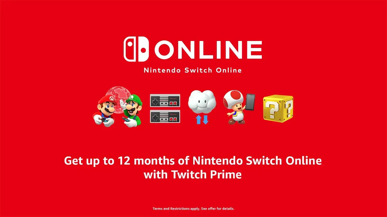 Nintendo characters below Switch ONline logo and above white text in a red background