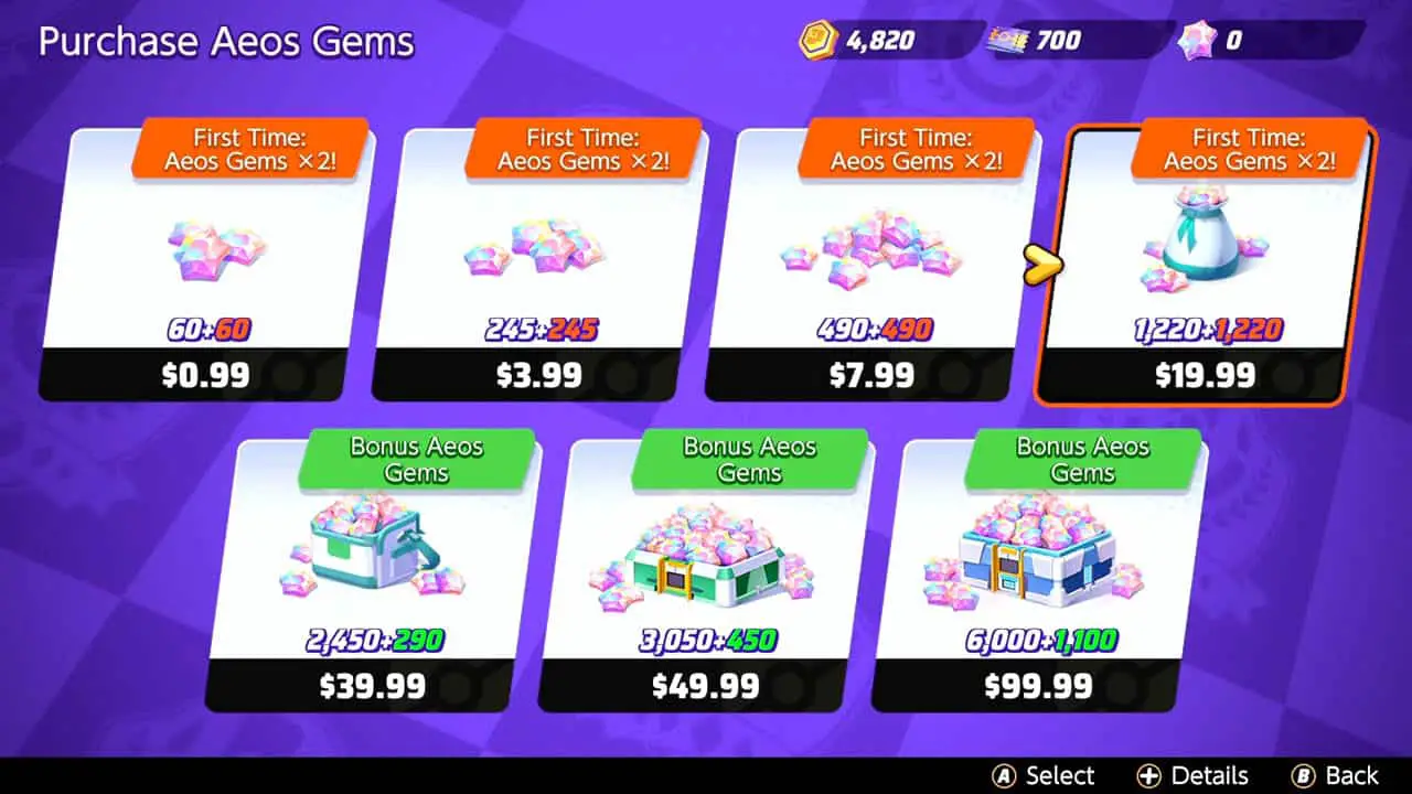 A pokeon untie menu detailing the prices of various in-game currency called aeos gems (pokemon unite screenshot)