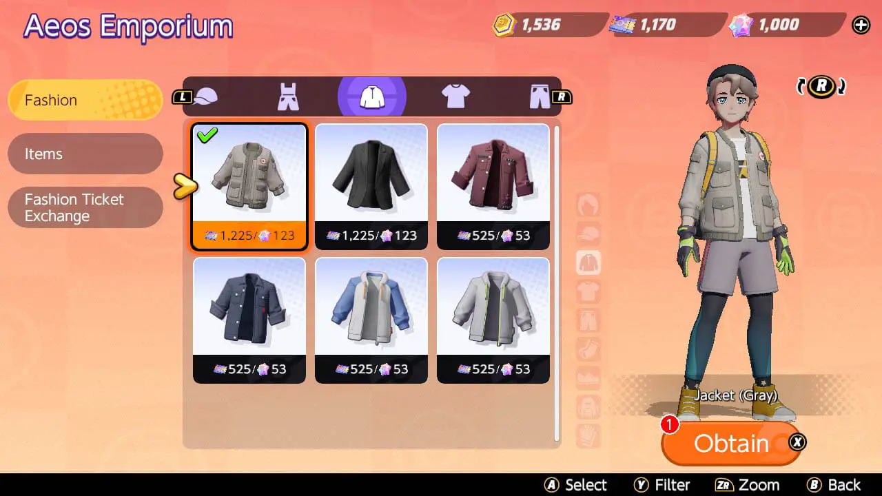 A trainer standing next t oa list of clothing options and their prices (pokemon unite screenshot)
