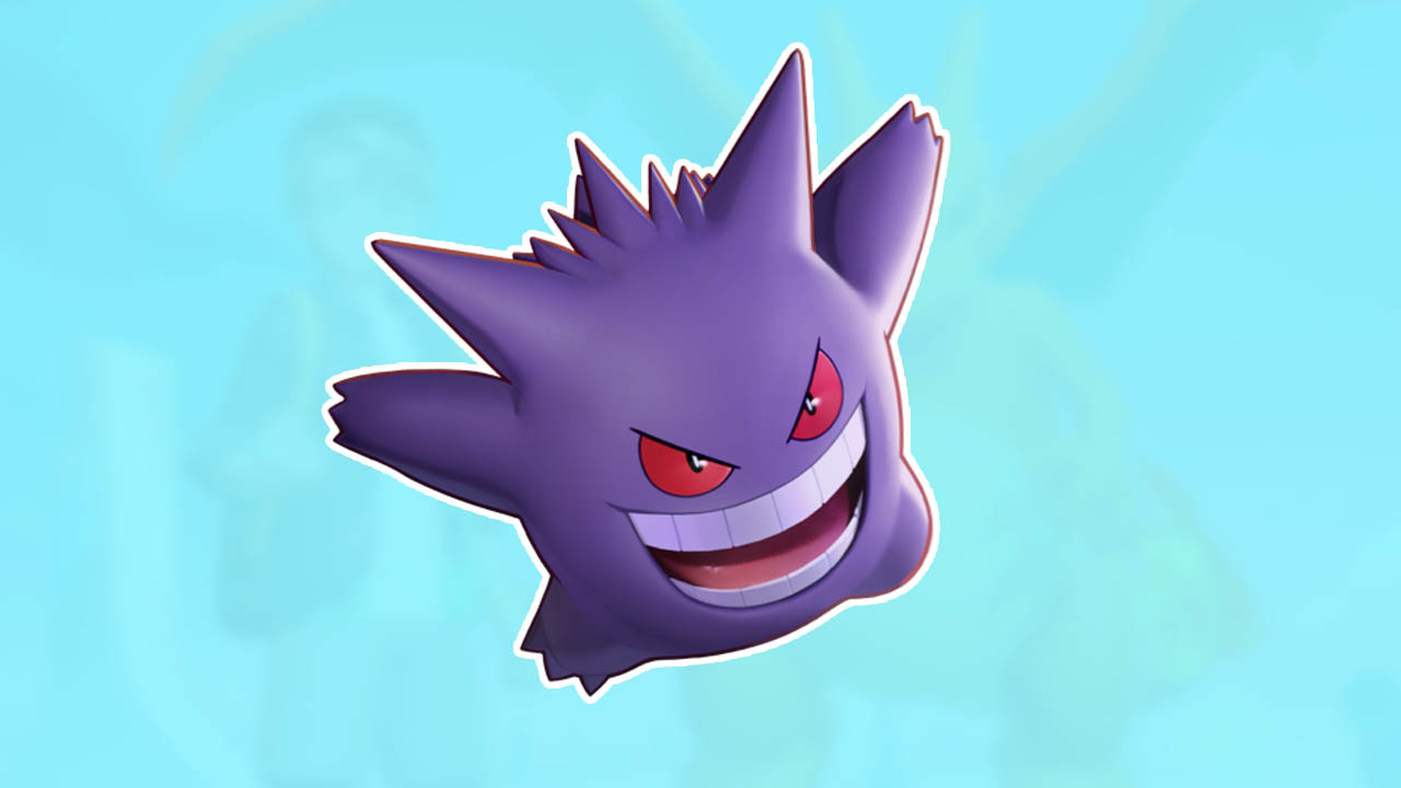 Purple pokemon gengar in front of a light blue background