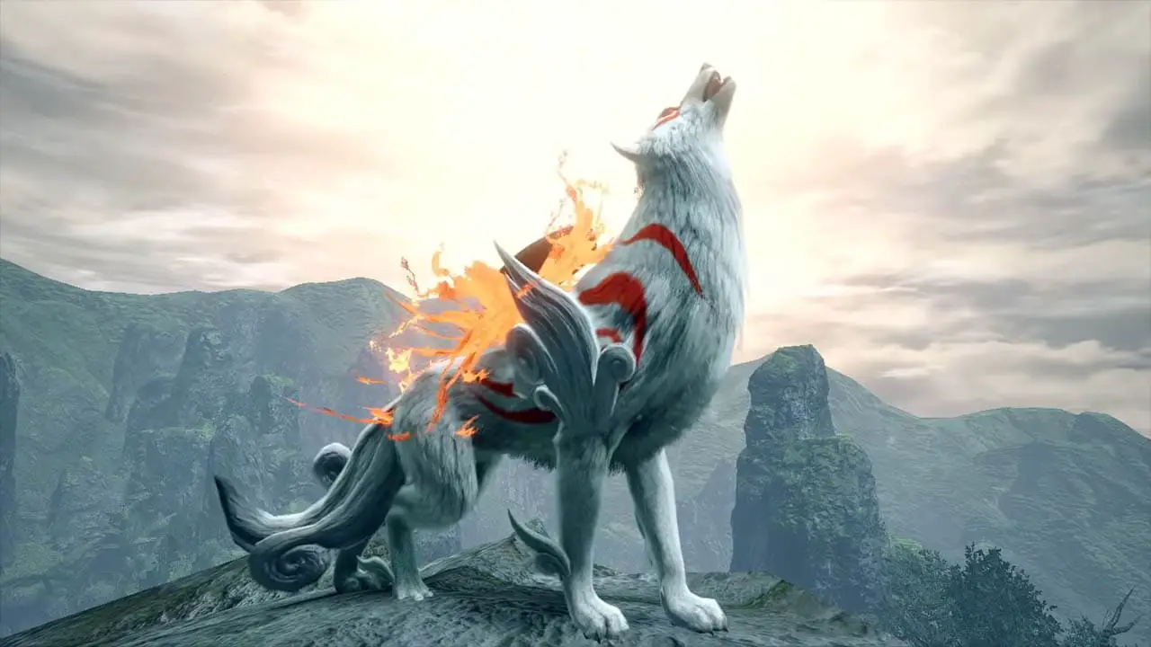 A fox howling at the sky (monster hunter rise screenshot)