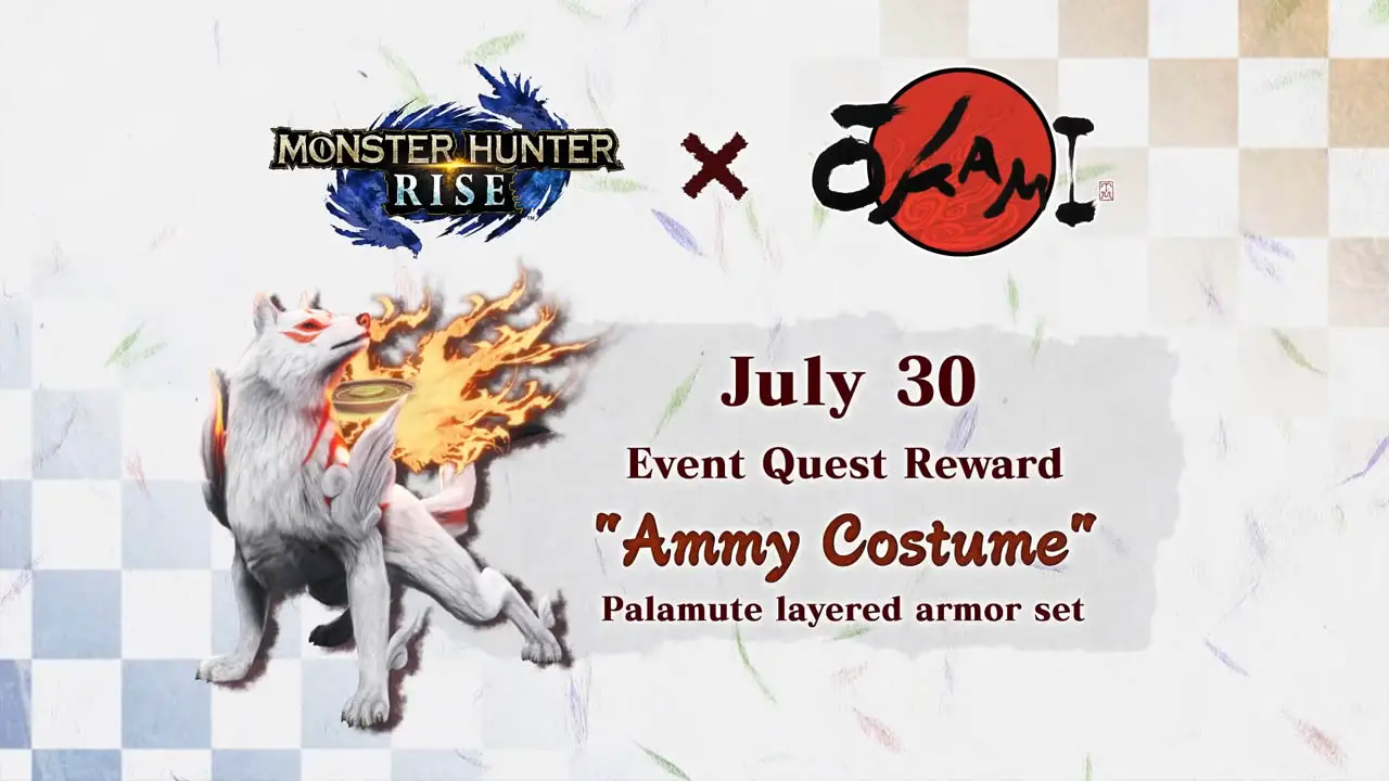 A white screen with a fox detailing the monster hunter rise okami collab event