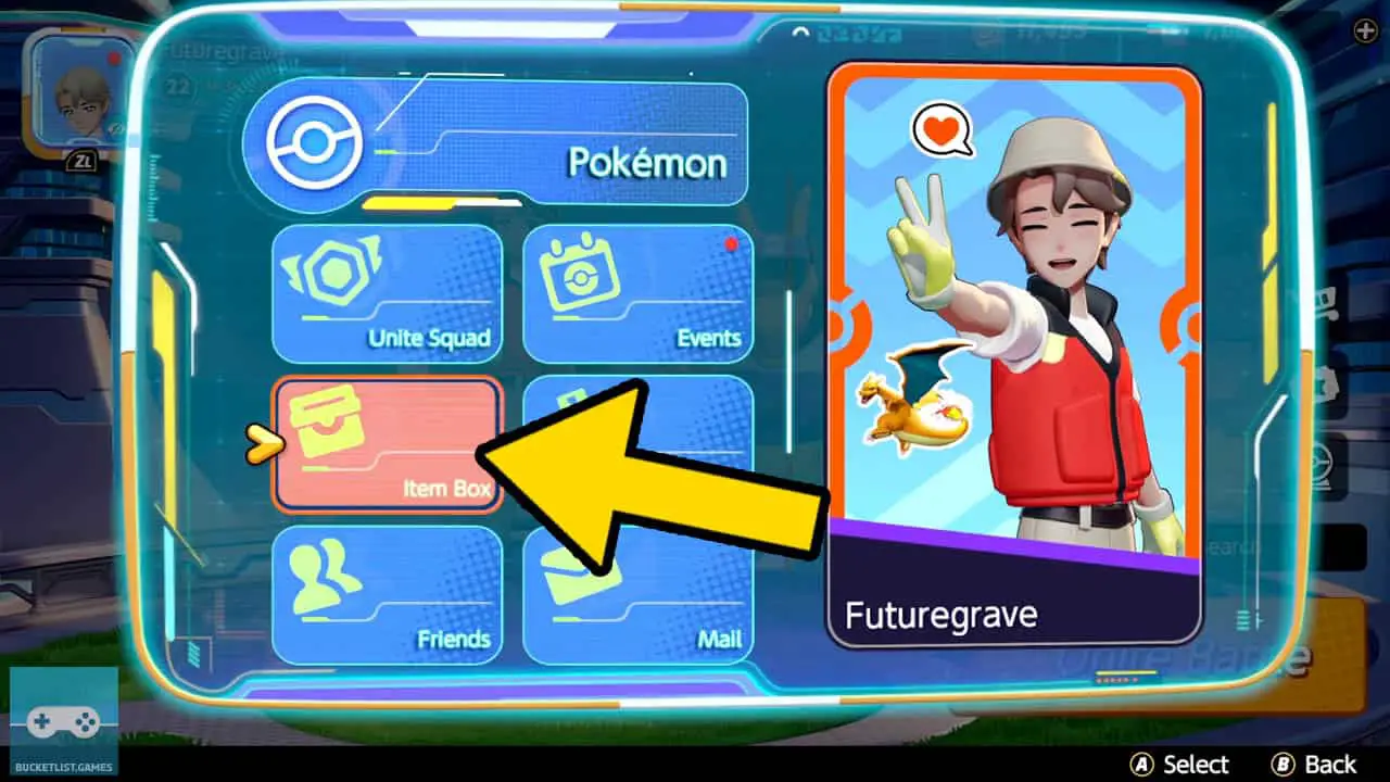 A purple options menu with item box selected and a yellwo arrow pointing at it (pokemon unite screenshot)