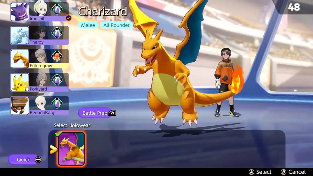 A orange dragon and its trainer in the lobby (pokemon unite screenshot)