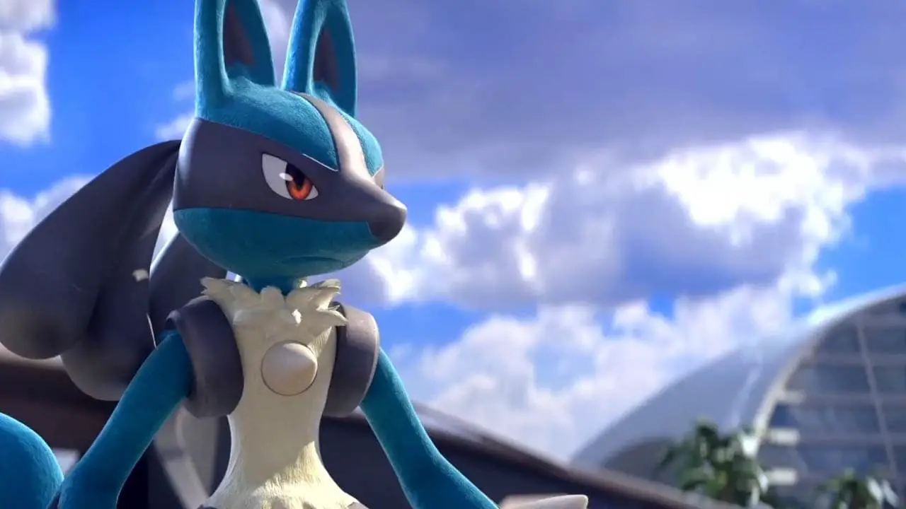 A blue Pokemon standing in front of a clouded sky (pokemon untie screenshot)