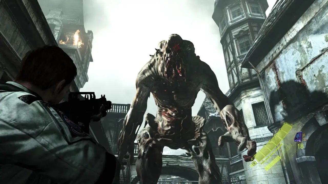 A man pointing a gun at a monster (Resident Evil 6 screenshot)