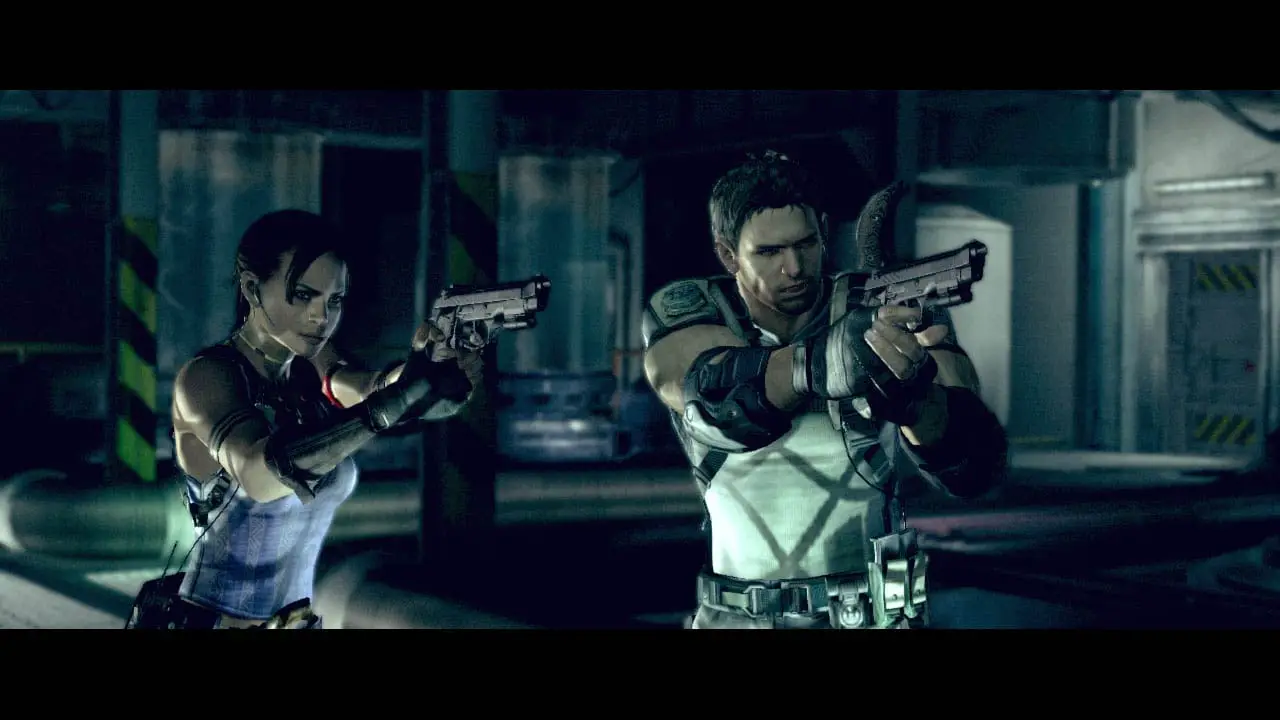 Two soldiers pointing guns (resident evil 5 screenshot)