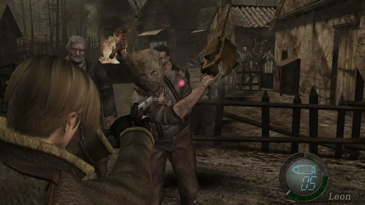 A man pointing a gun at a guy with a sack on his head holding a chainsaw (resident evil 4 screenshot)