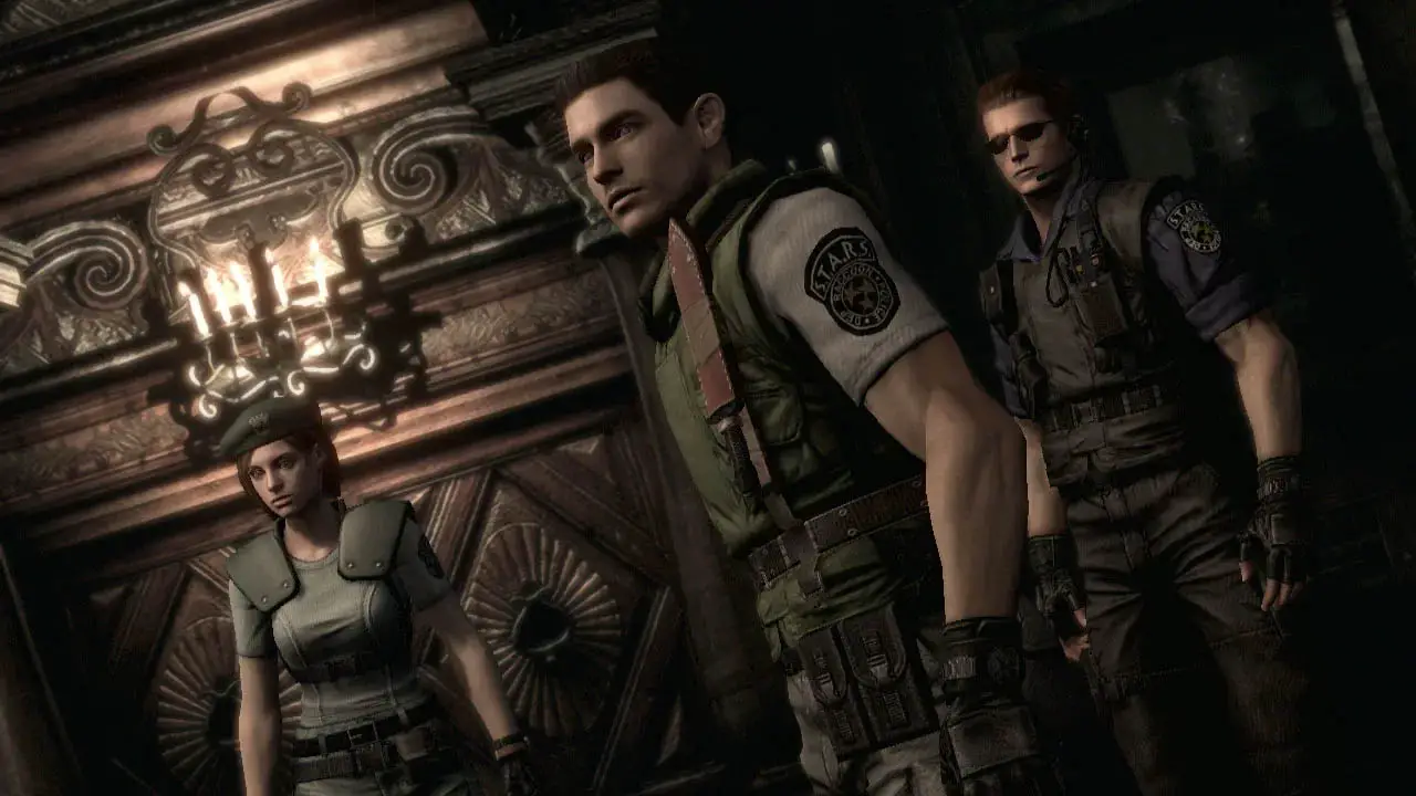 Three police officers standing inside a mansion lobby (resident evil 1 remake screenshot)