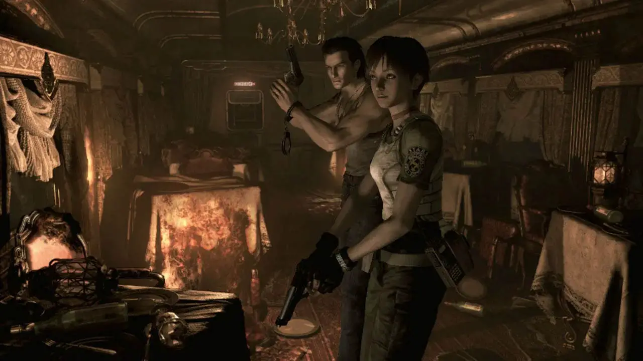 A woman and man with guns inside a burning passenger train car (resident evil 0 screenshot)