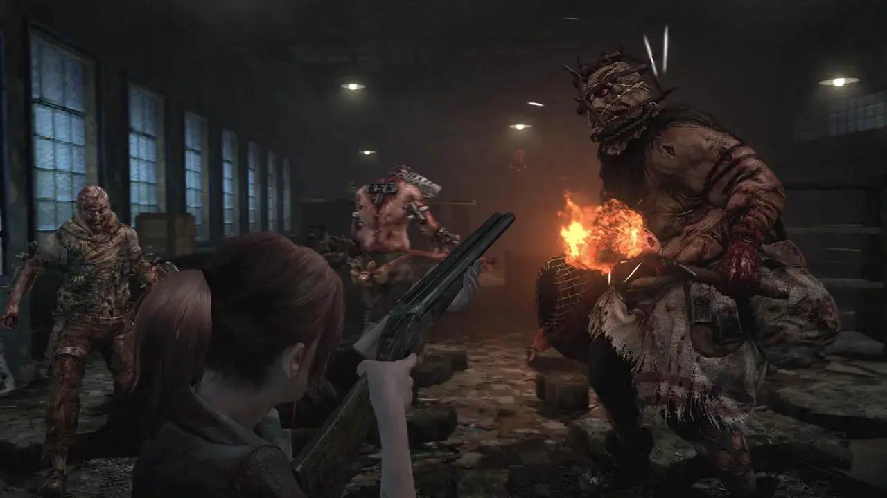 A woman holding a shotgun with monsters in front of her (resident evil revelations 2 screenshot)
