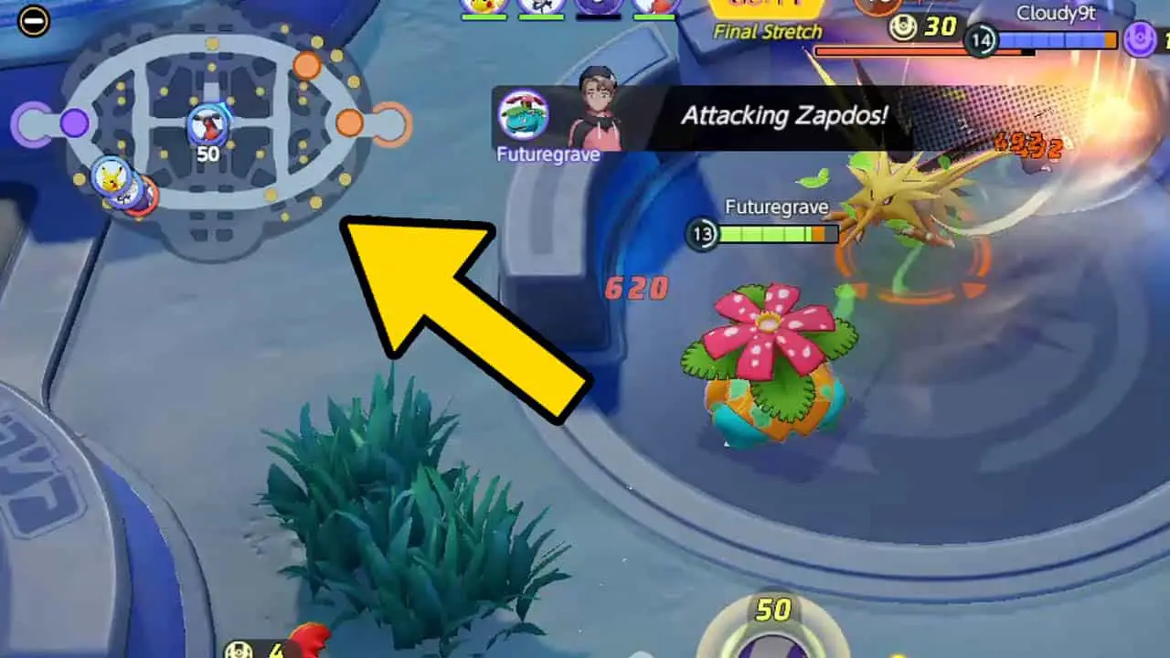 A pokemon unite arena with a yellow arrow pointing at the mini map (pokemon unite screenshot)