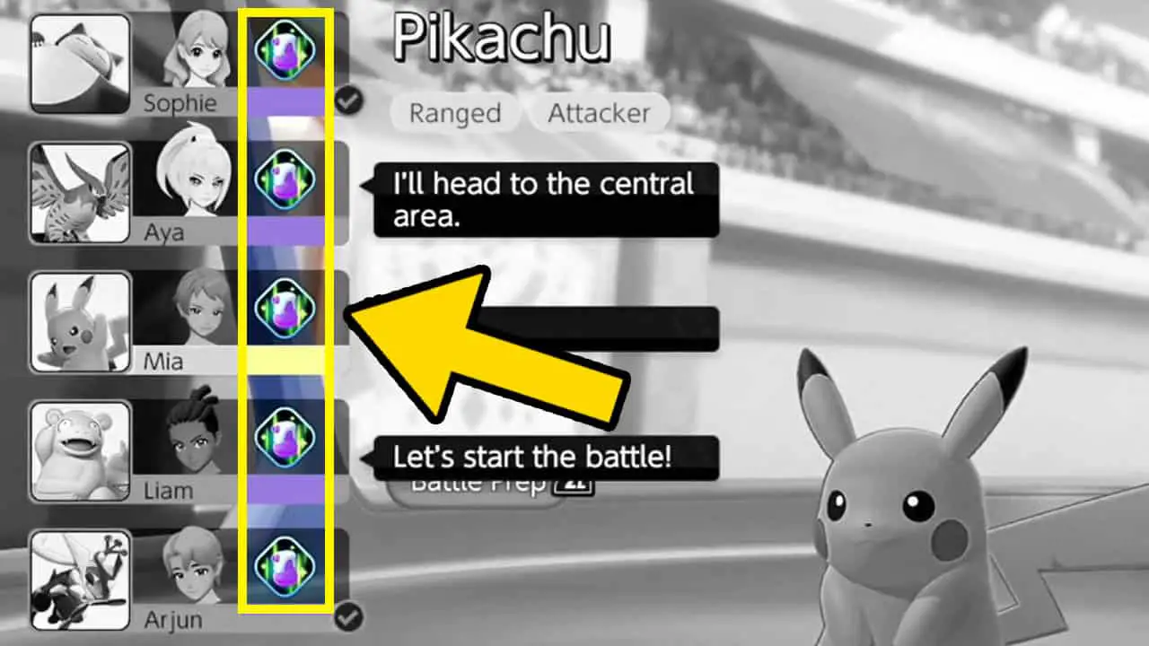A black and white screen of hte lobby with a yellow rectangle and yellow arrow pointing at the battle item selected (pokemon unite screenshot)