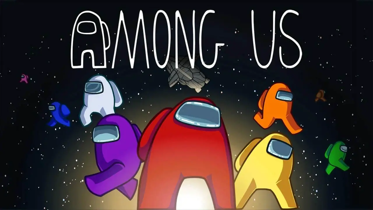 Colorful astronauts with the Among Us logo above them