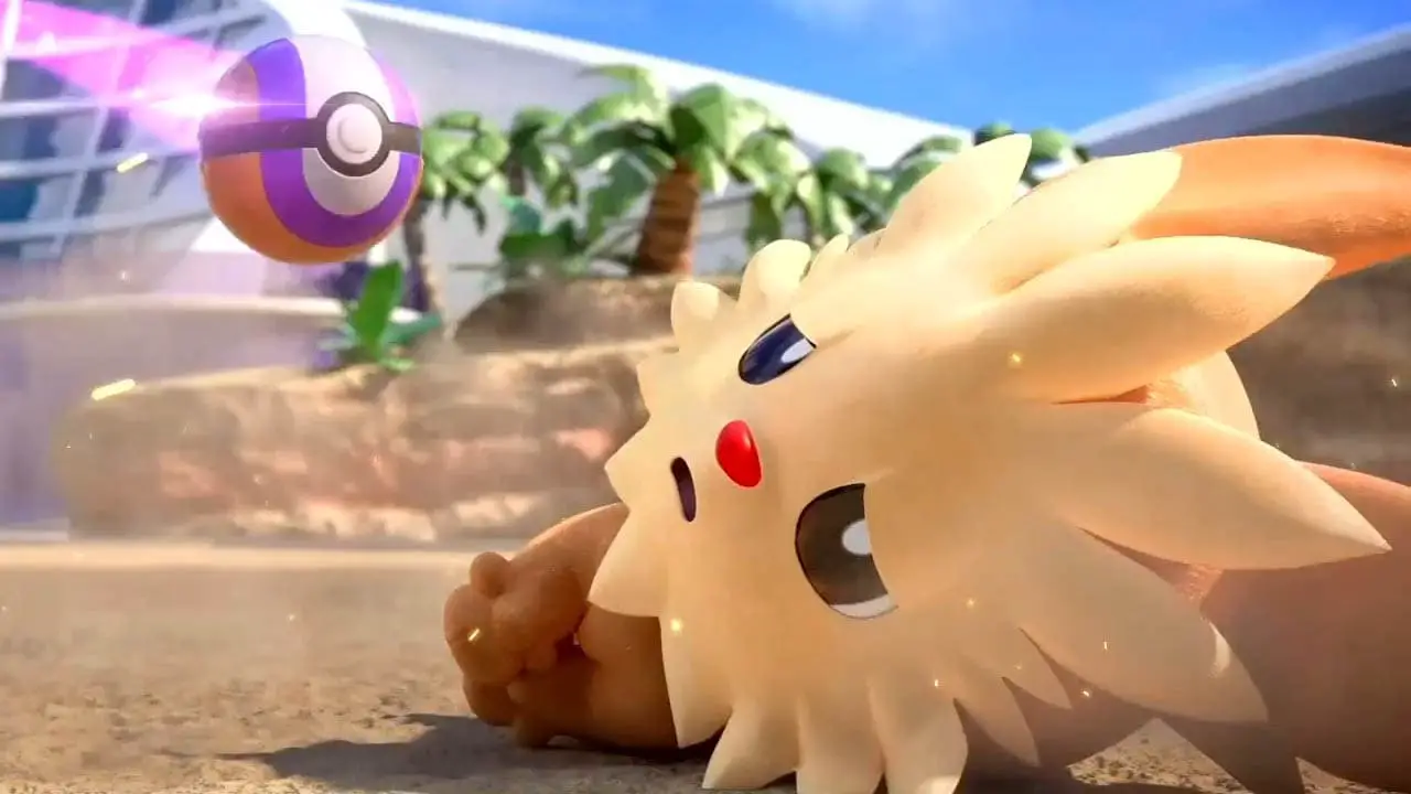 A dog pokemon knocked on its side looking sad (pokemon unite screenshot)