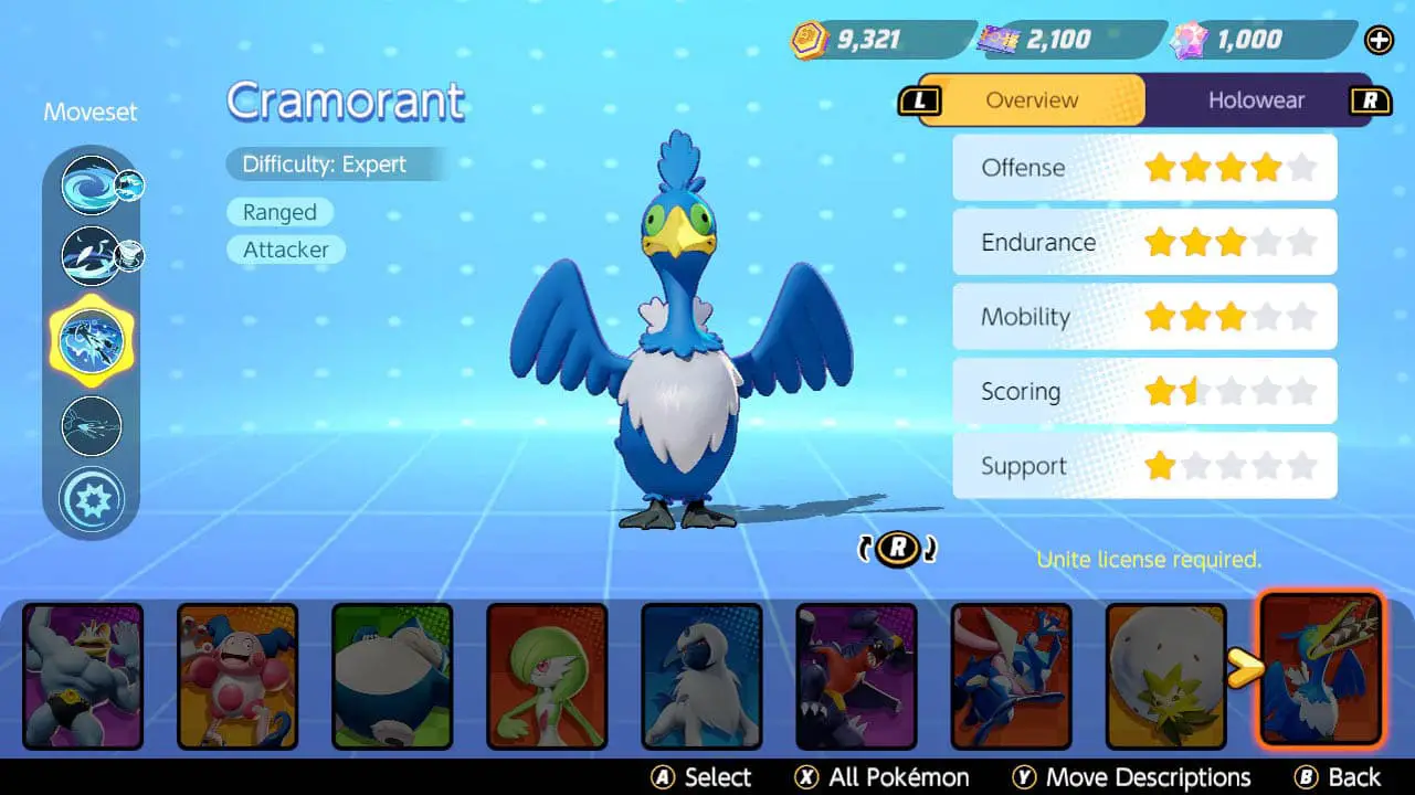 A pokemon standing in a blue room with its stats displayed next to it above a row of other pokemon profile pics in pokemon unite's pokemon select screen (pokemon unite screenshote)