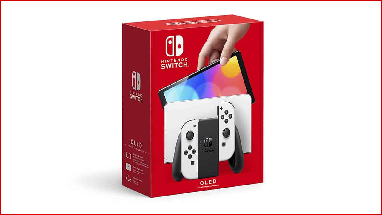 Nintendo switch oled box; red box with switch oled image on it
