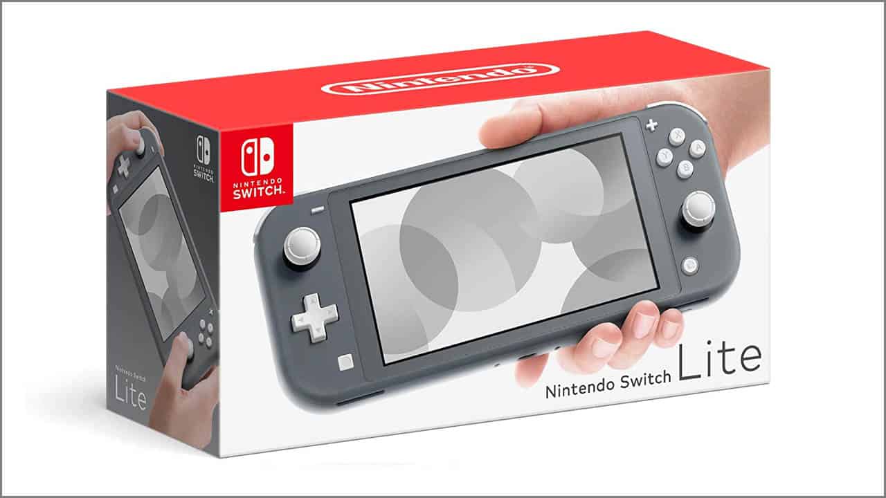 Nintendo switch lite box; red and white box with switch lite image on it