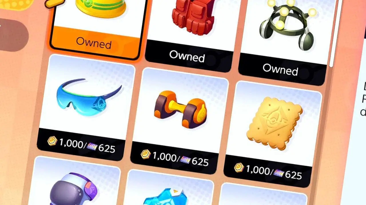 A slanted look at various held icon icons and their prices (pokemon unite screenshot)