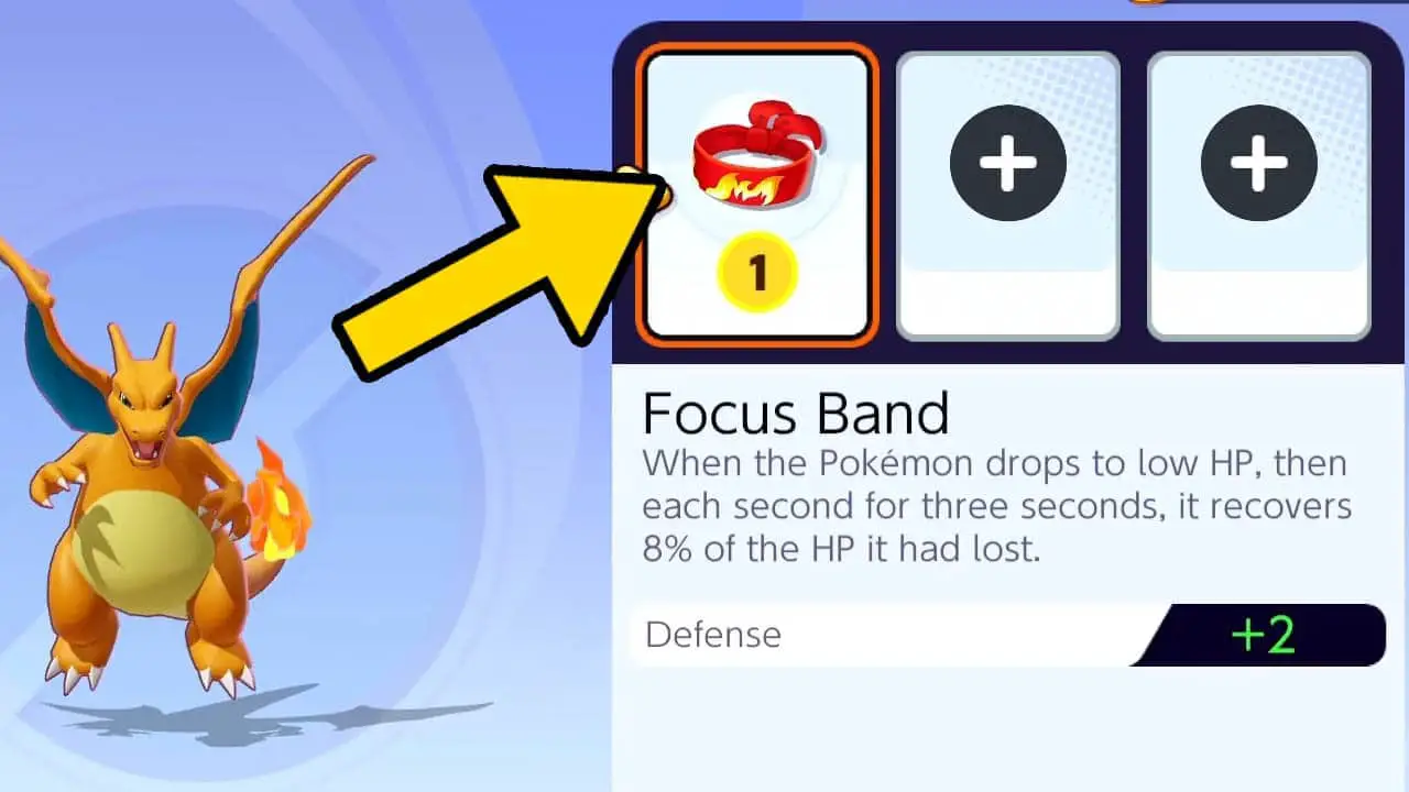 Pokemon Unite held item upgrade screen with a yellow arrow pointing at held item icon