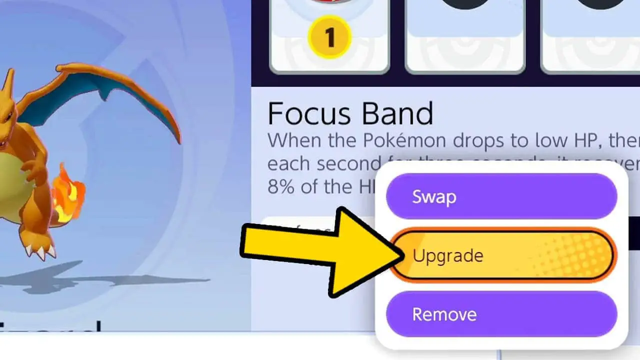 Pokemon Unite held item upgrade screen with a yellow arrow pointing at "upgrade" button