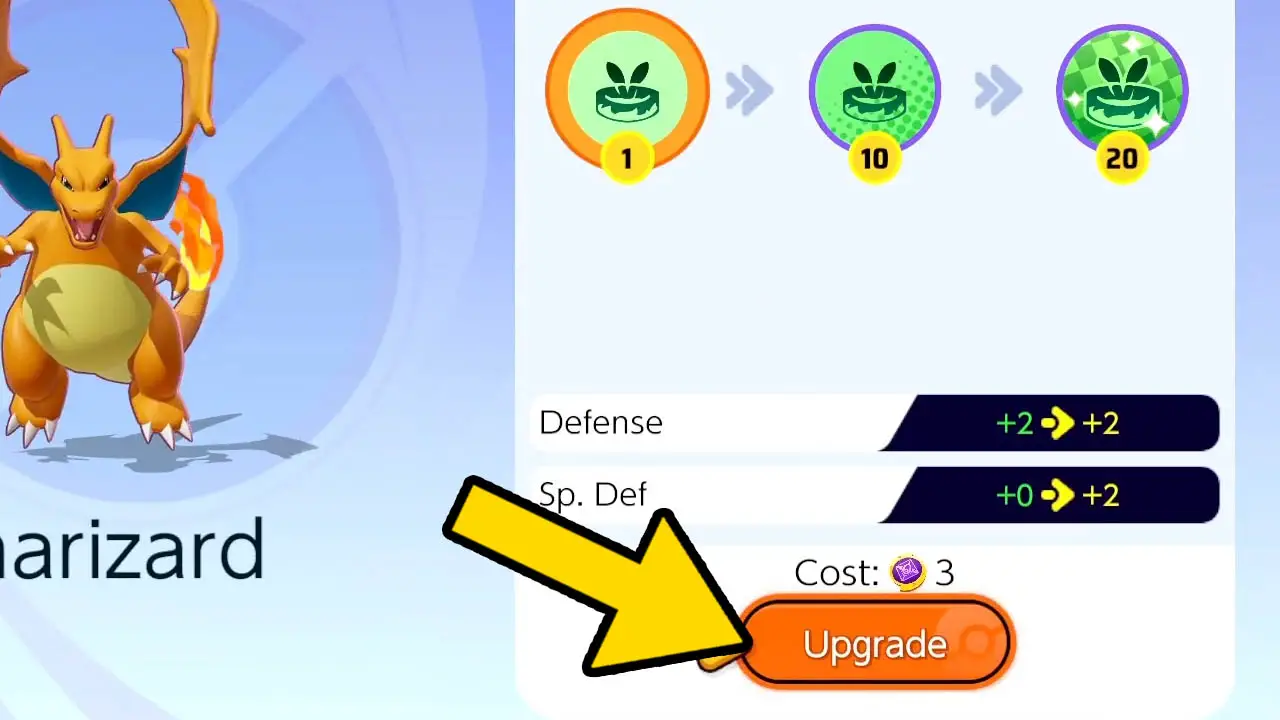 Pokemon Unite held item upgrade screen with a yellow arrow pointing at "upgrade" button