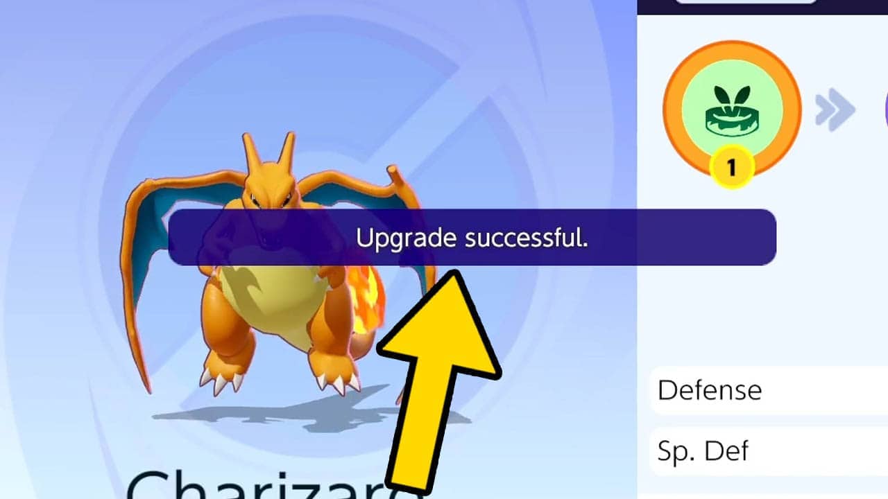 Pokemon Unite held item upgrade screen with a yellow arrow pointing at "upgrade successful" message