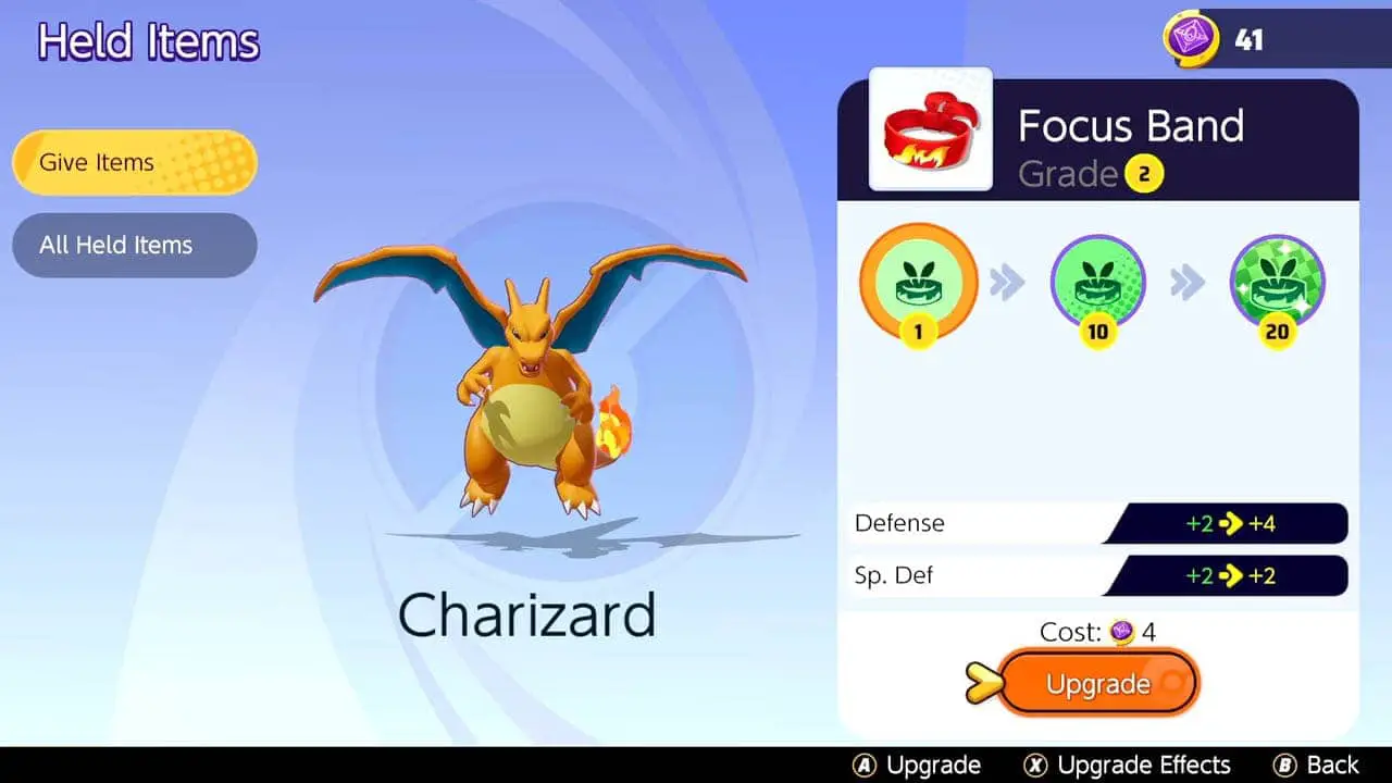 A charizard next to a held item upgrade menu (pokemon unite screenshot)