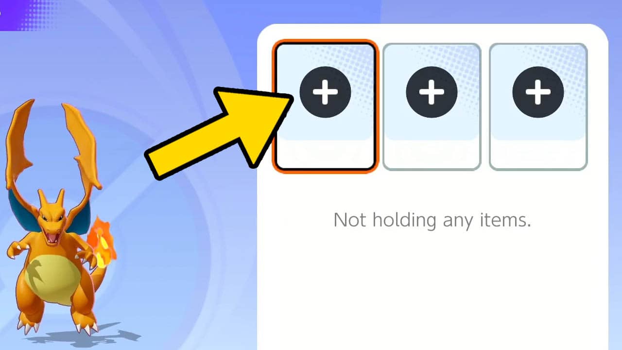 Empty held item boxes with a yellow aroow pointing at the first empty box (pokemon unite screenshot)