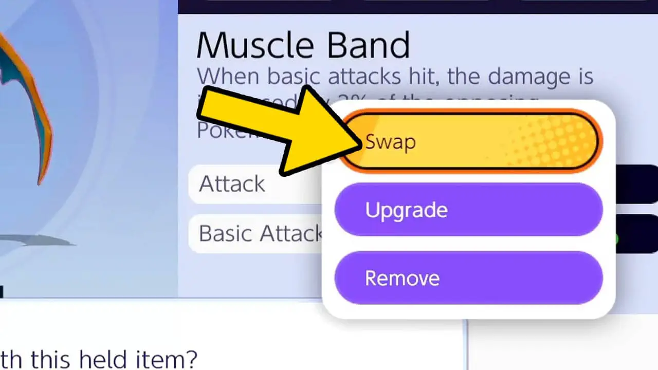 Held item menu with a yellow arrow pointing at the sub menu button "swap" (pokemon unite screenshot)