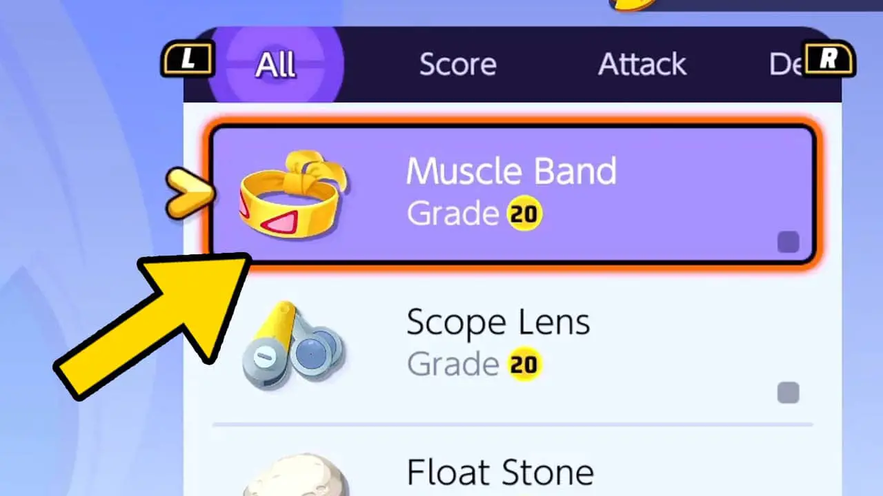 Held item icons with a yeelow arrow pointing at the top icon (pokemon unite screenshot)